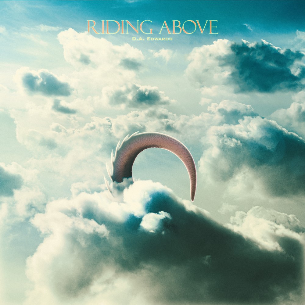 The cover for "Riding Above" - A bright sea of light blue clouds fills the image. In the middle, a scaled tail of an otherwise hidden beast is peaking through the clouds.